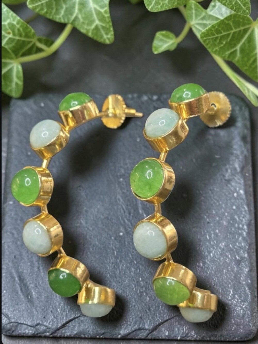 18k Gold Plated Artisan Genuine Jade & Amazonite Gemstone Half Hoop Earrings